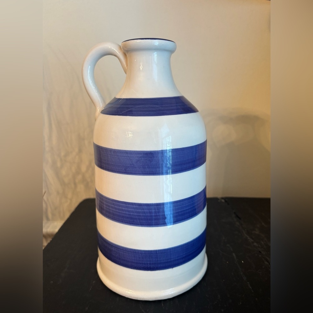 Noemi hand painted blue/white stripe pottery jug